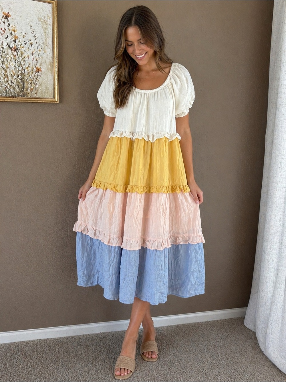 NWOT Tiered Puff-Sleeve Colorblock Midi Dress in White, Yellow, Pink & Blue